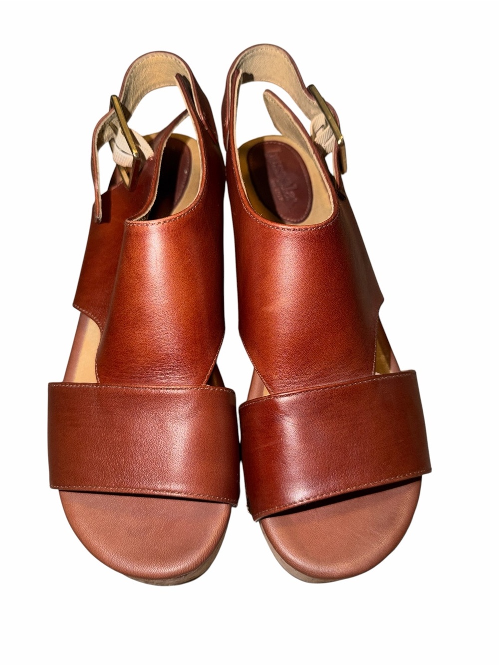 Bussola Tan/Brown Leather Open-Toe Cork Platform Wedge Sandals- Like New